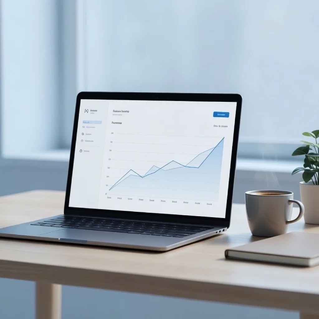 A clean modern workspace with a business growth dashboard on screen