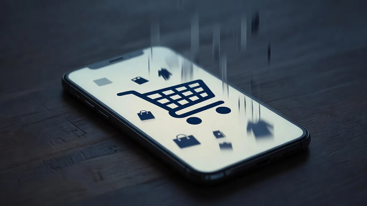 Online shopping cart on a phone screen left at checkout, representing cart abandonment