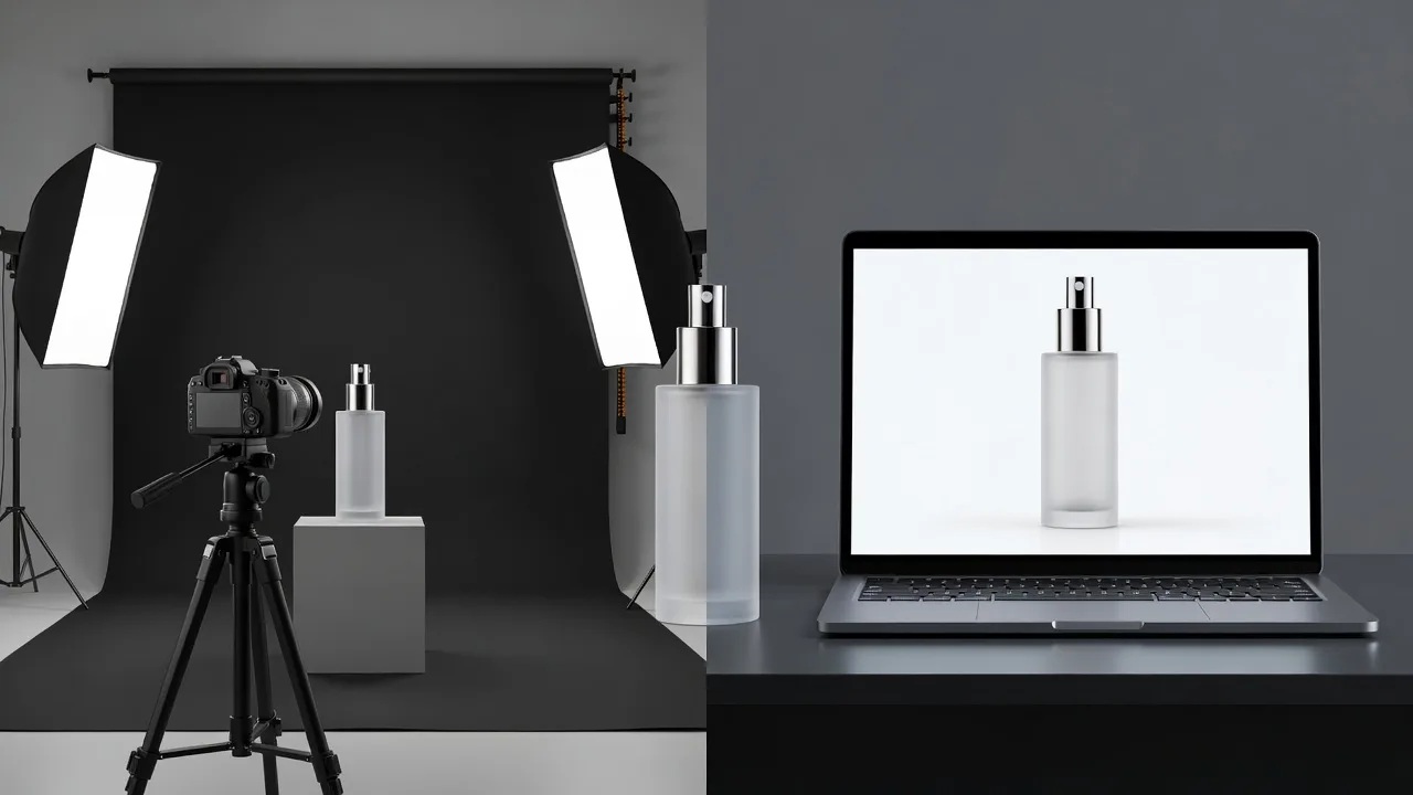 Product photo setup beside AI-generated product imagery on a screen