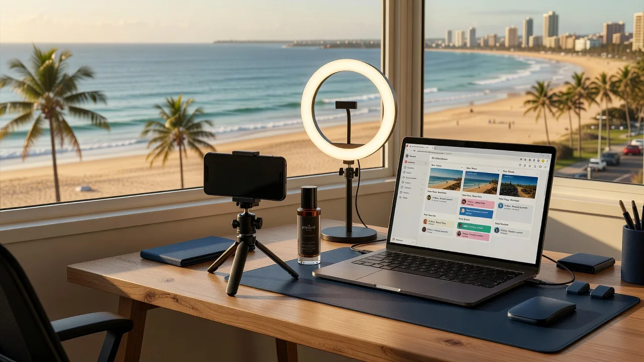 Content creator filming product content at a Gold Coast desk setup