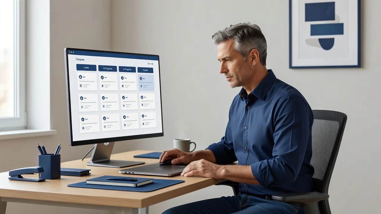 Small business owner reviewing a simple CRM pipeline on a laptop instead of a messy spreadsheet
