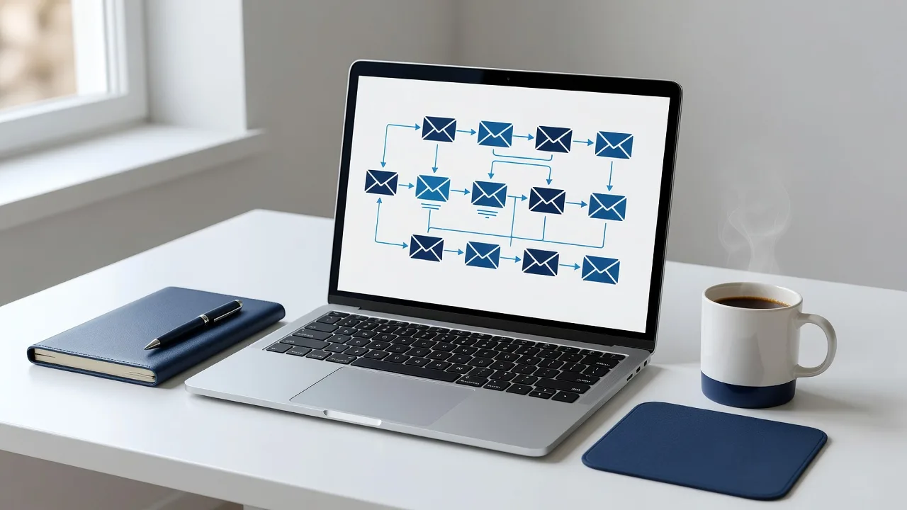 Laptop showing an ecommerce email flow builder with automated email sequences