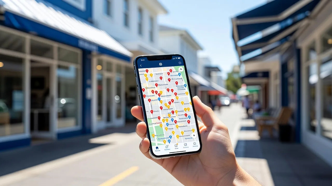 Phone showing local map search results in front of Gold Coast storefronts