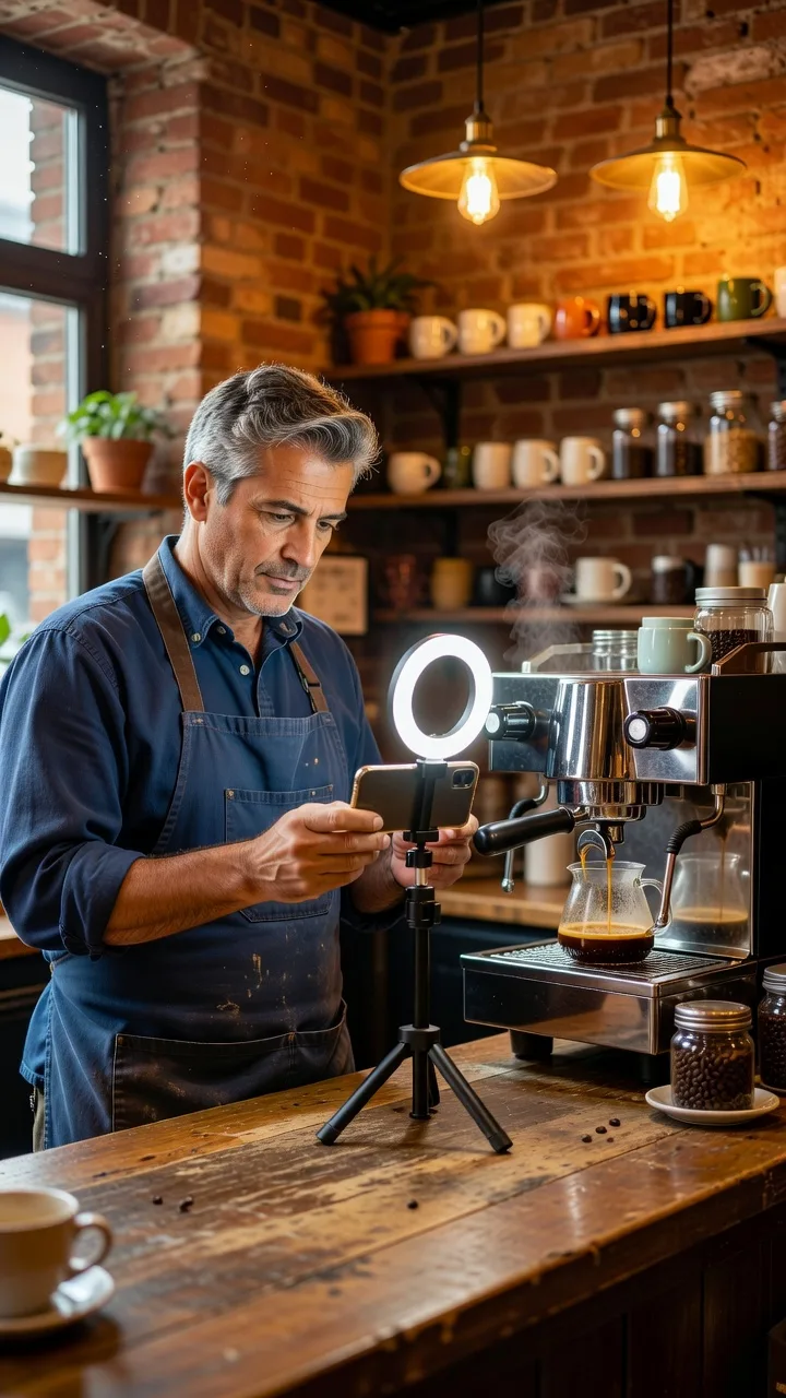 Local business owner filming a short video on a phone in their shop
