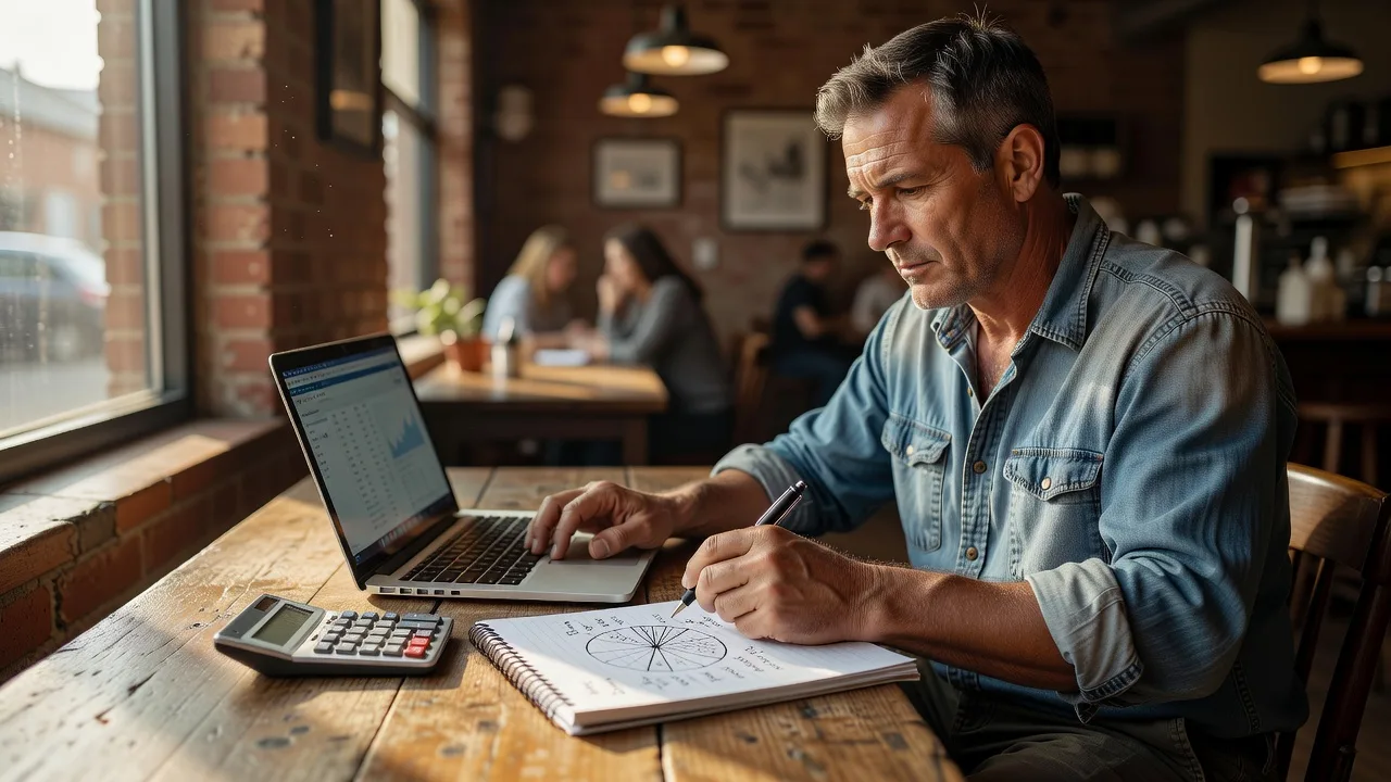 Small business owner planning a marketing budget with a calculator and laptop
