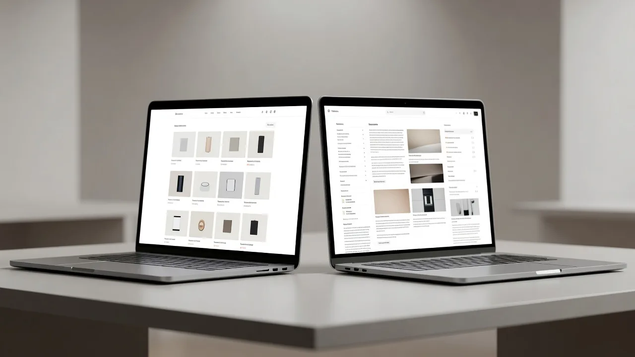 Small business owner comparing Shopify and WordPress website platforms on two screens