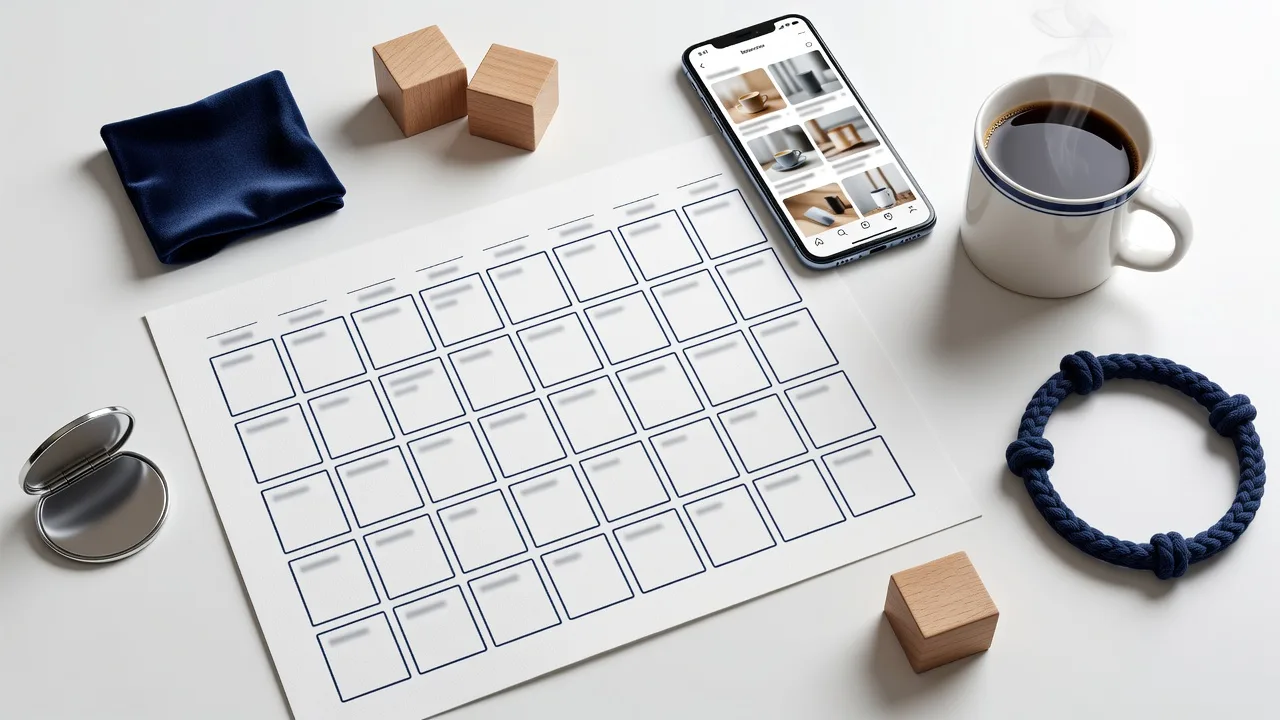 Flat lay of a social media content plan with phone and props