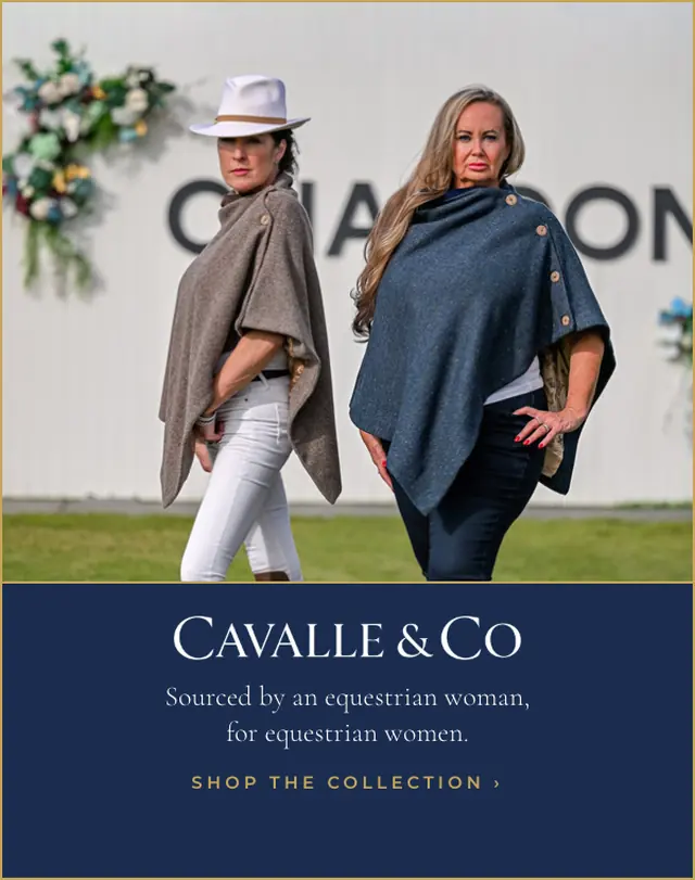 Cavalle & Co web ad showing two women in tweed capes at a racecourse, with the line Sourced by an equestrian woman, for equestrian women.