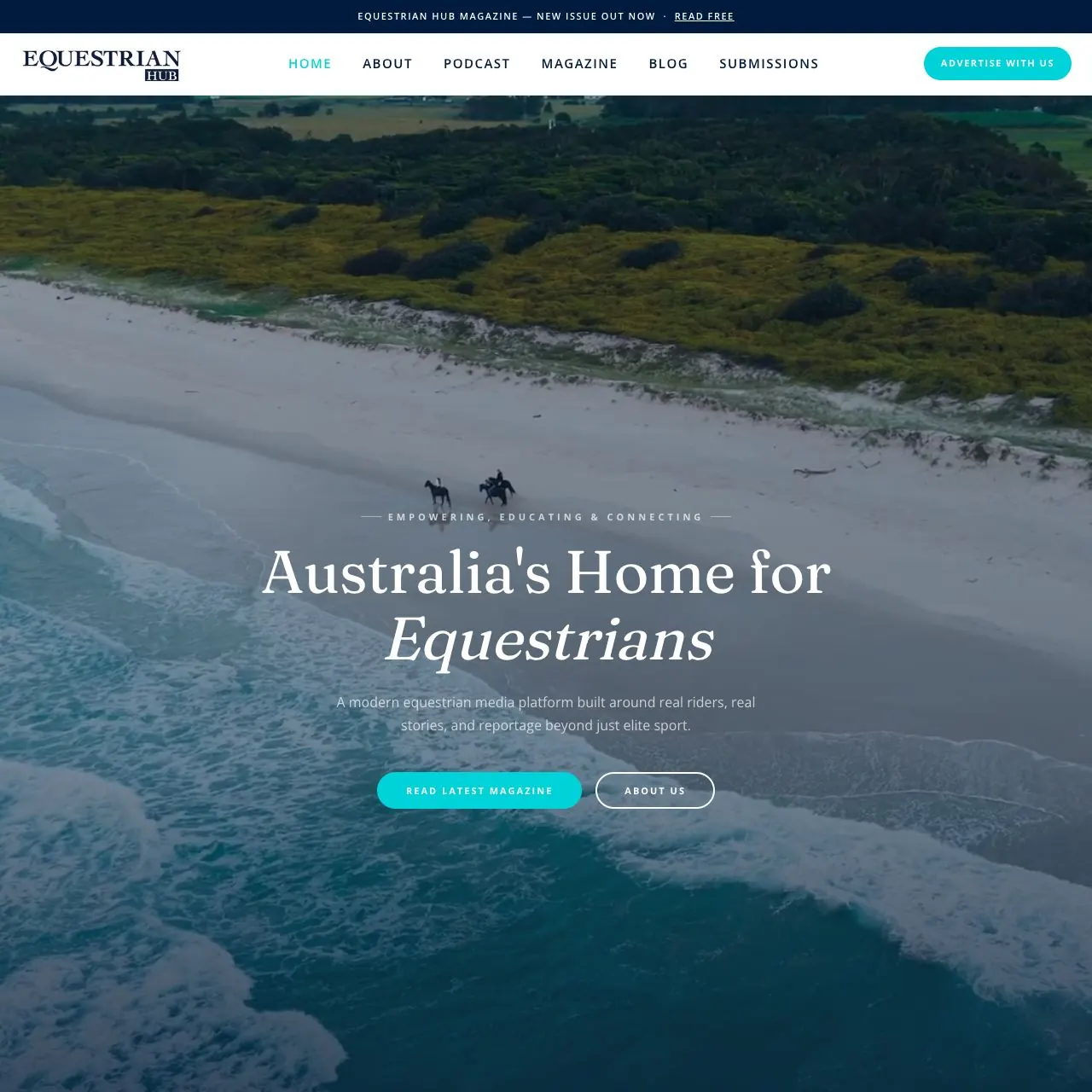 The new Equestrian Hub homepage, with its magazine navigation and Australia's Home for Equestrians hero.