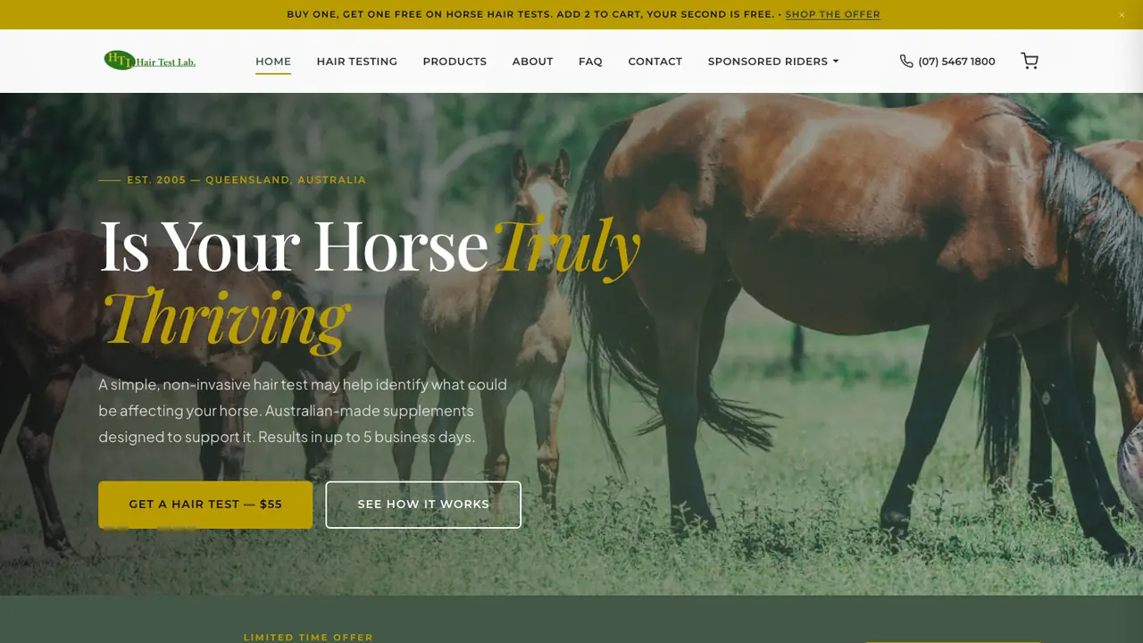 The rebuilt Hair Test Lab Shopify homepage, led by its horse hair testing offer