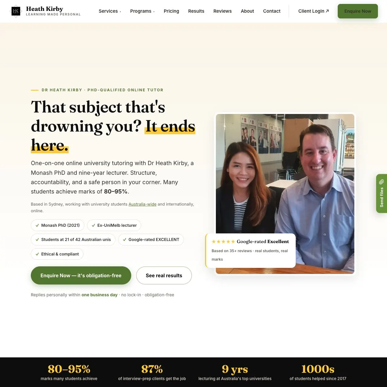 The new Heath Kirby Tutoring homepage, with the enquiry call to action, tutor credentials and student proof.