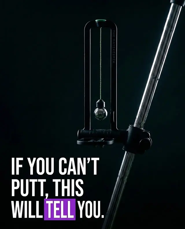 Black putting trainer clamped to a putter shaft on a dark background, under the headline If you can't putt, this will tell you.