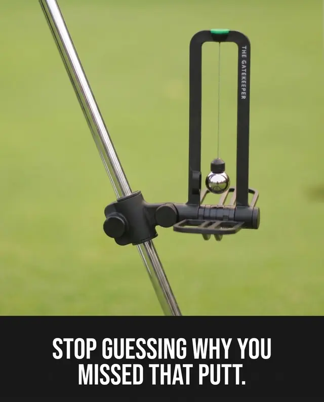 Close-up of the black putting trainer clamped to a putter shaft over a blurred green, above the line Stop guessing why you missed that putt.