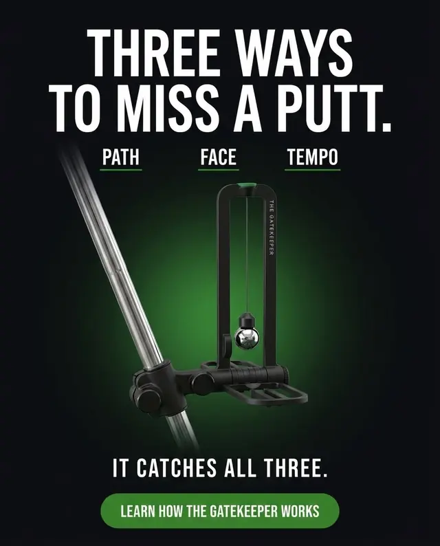 The black putting trainer on a putter shaft against a green glow, under the headline Three ways to miss a putt: path, face, tempo.