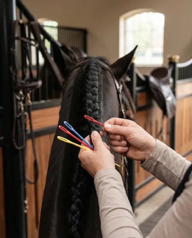 AI-created close-up of a groom plaiting a black horse in a premium stable setting.