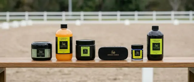AI-created Judges Choice product family arranged beside a dressage arena.