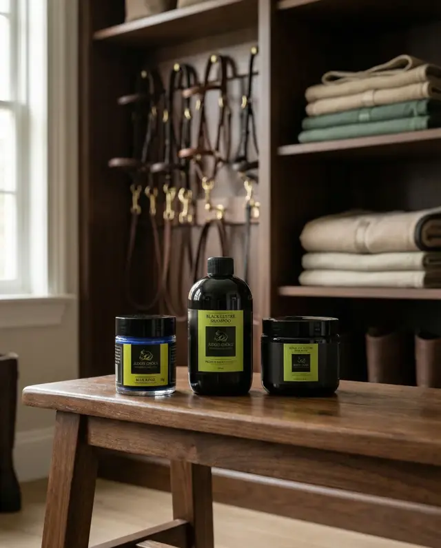 AI-created Judges Choice grooming products arranged in a warm premium tack room.