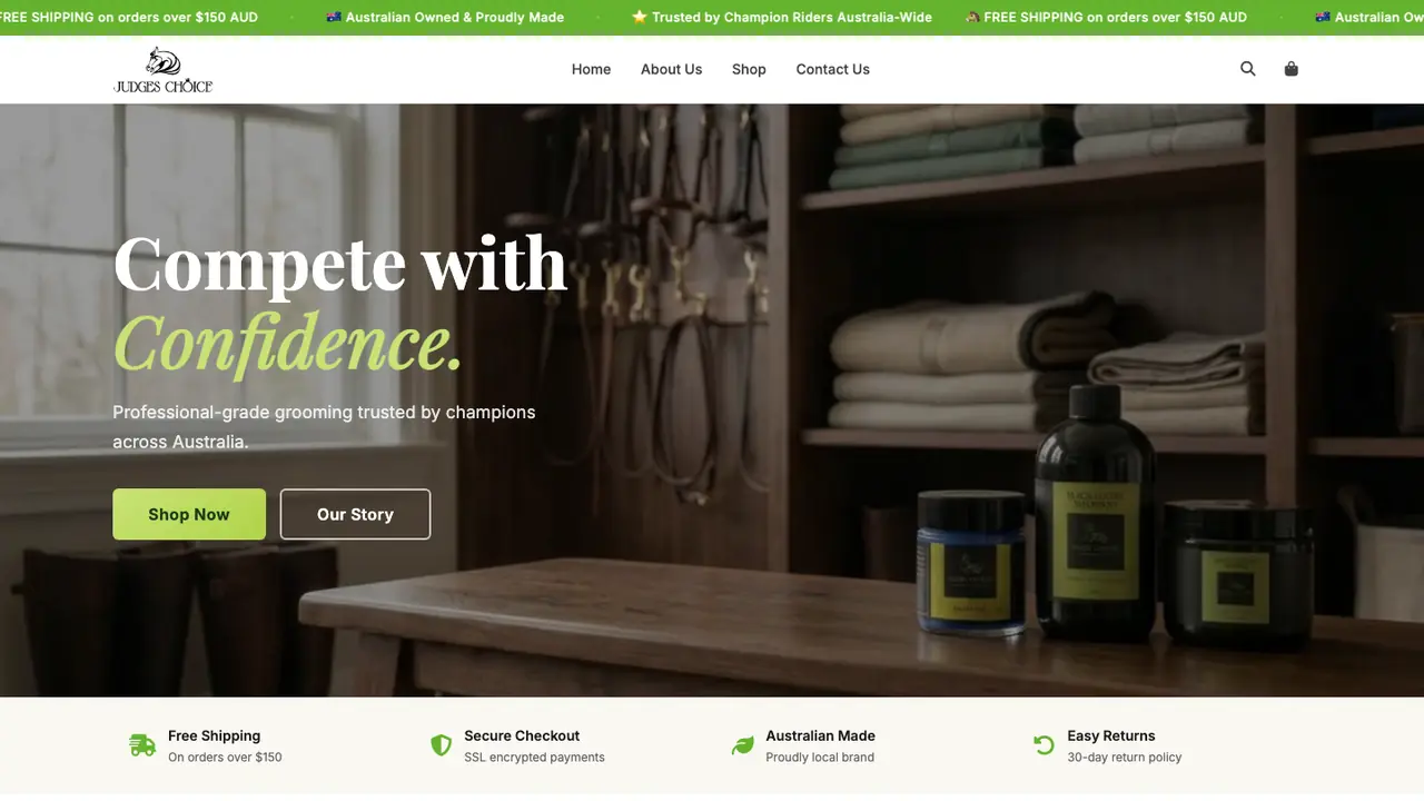 The rebuilt Judges Choice Shopify homepage with the Compete with Confidence hero