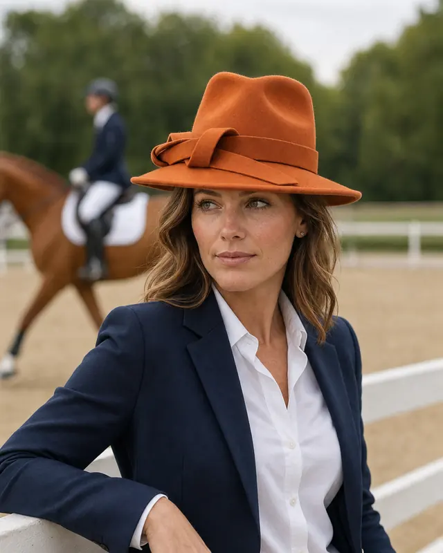 AI on-model image: a woman in a navy blazer at a show ring rail wearing the rust wool hat