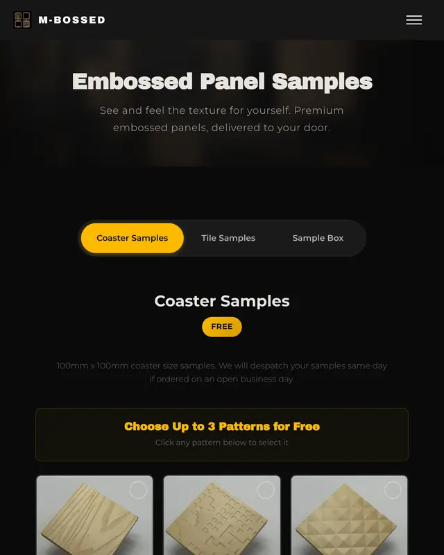 Screenshot of the M-Bossed free sample landing page offering up to three free coaster samples.