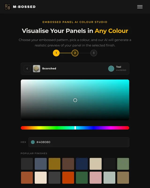 Screenshot of the M-Bossed AI Colour Studio with the Scorched pattern chosen and a colour picker set to teal.