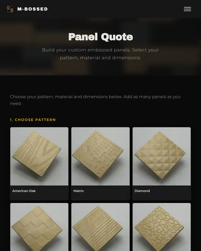 Screenshot of the M-Bossed Panel Quote page showing the first step, choosing one of six embossed patterns.