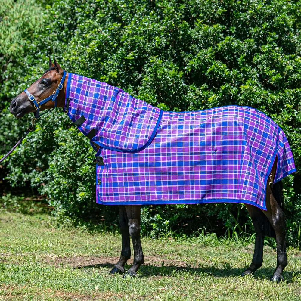 A bay horse standing side-on in a Kez Rugs Summer Weave neck combo